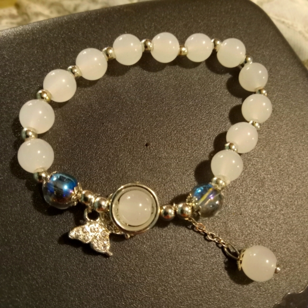 Stretchy Opal Beaded Butterfly Charm Bracelet